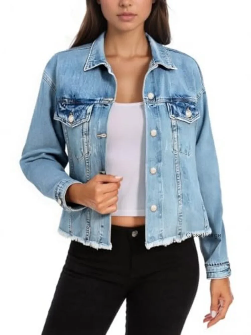 Women's Cropped Denim Jacket Frayed Raw Hem Button Front Long Sleeve